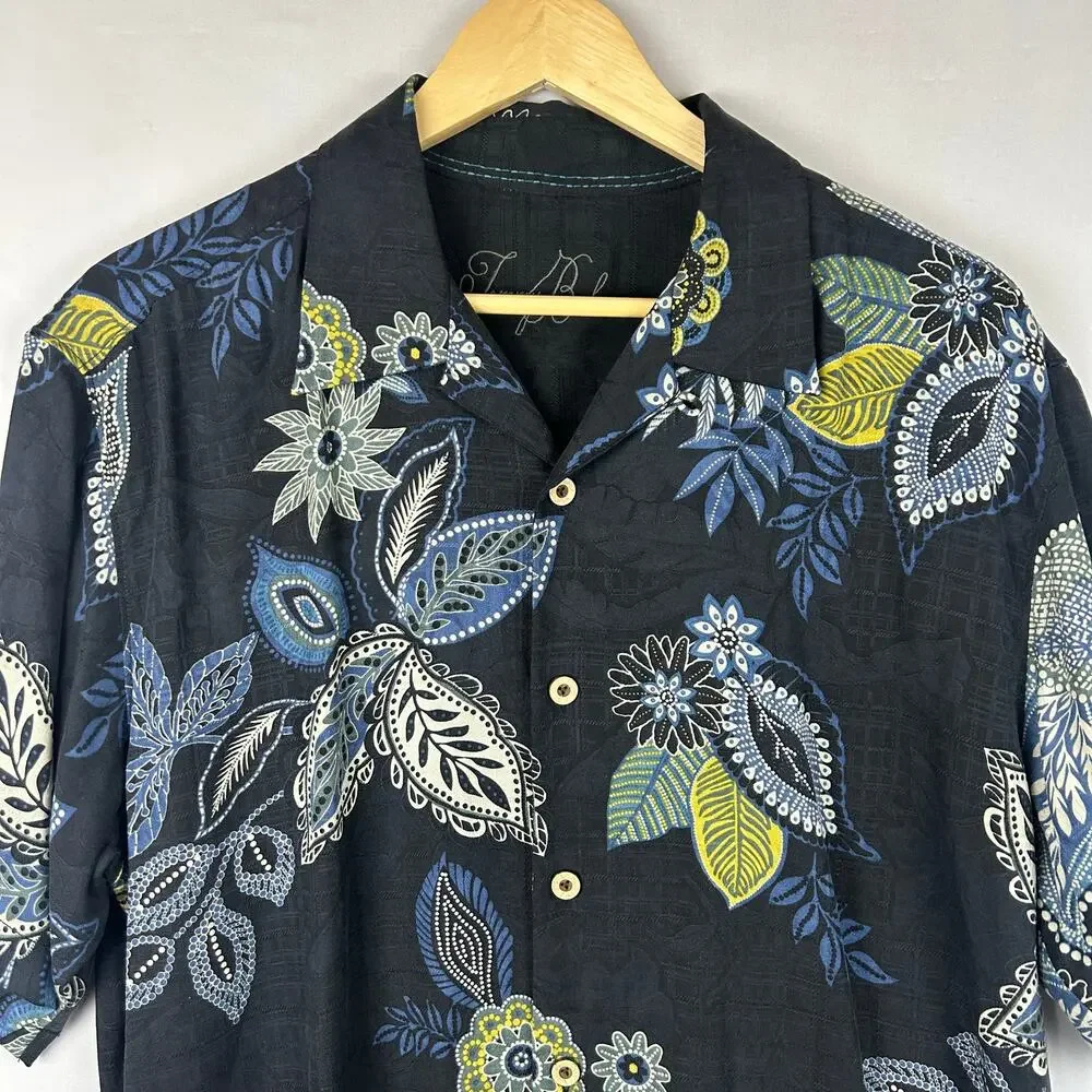 Tommy Bahama Floral 100% Silk Button Down Shirt Blue Beach Tropical Men's Size M